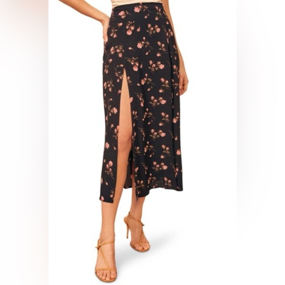 Reformation Black Floral Midi Skirt